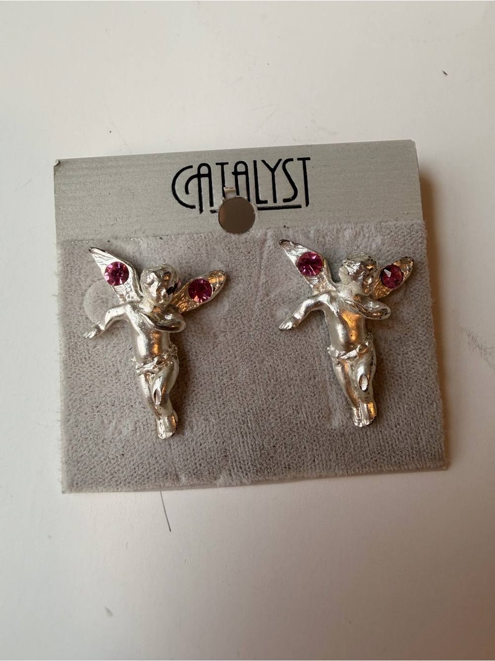 Silver Cherub Earrings with Pink Crystal Accents